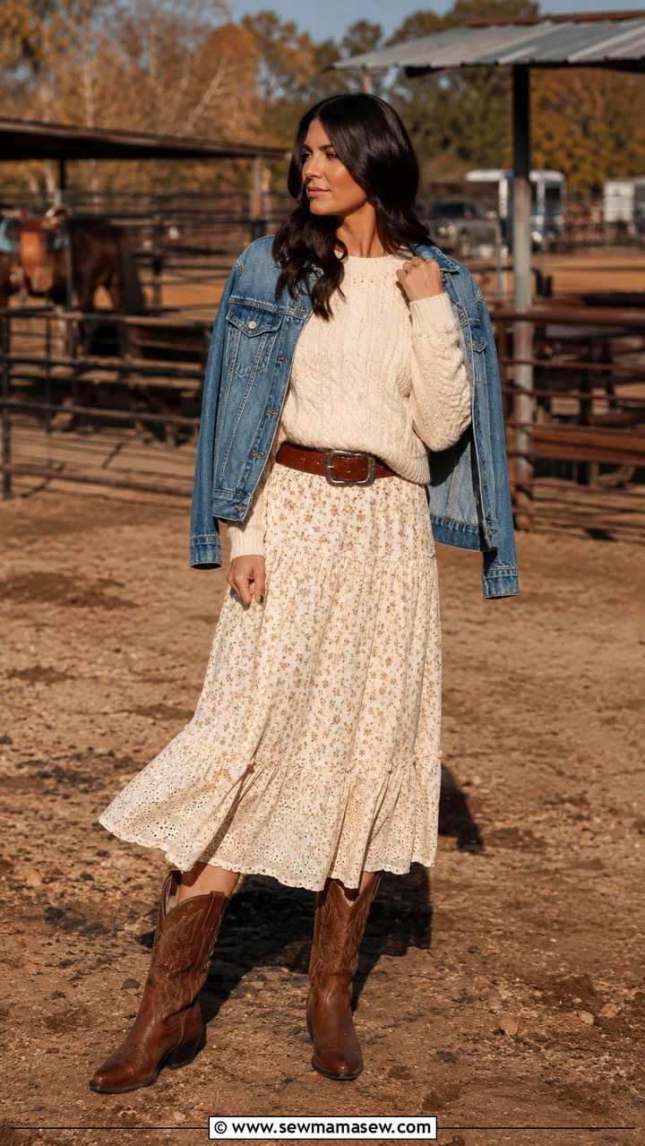 Cable knit sweater and floral skirt rodeo outfit - 30 Rodeo outfit ideas