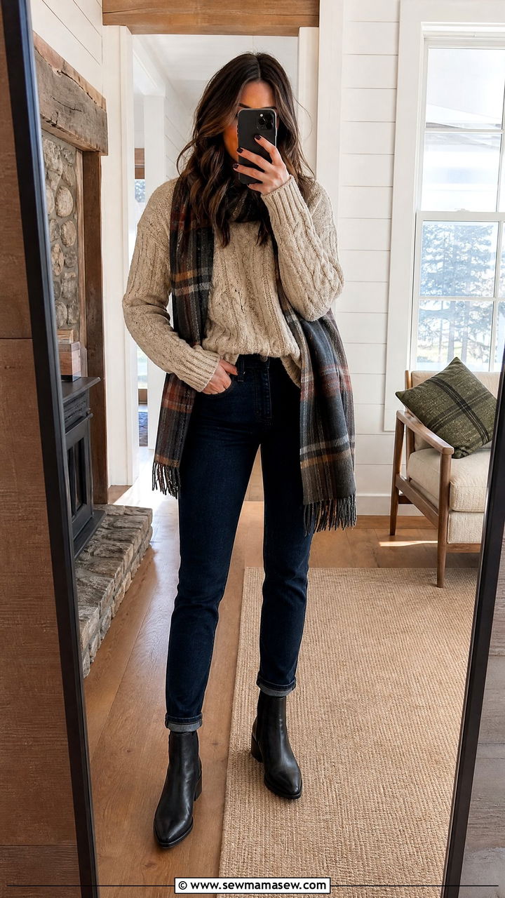 Cable knit sweater and leather ankle boots - 25 French girl outfit ideas for travel