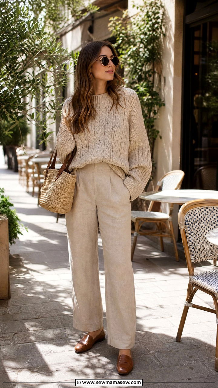 Cable knit sweater and linen trousers light academia outfit - 25 Light academia outfit ideas 2026