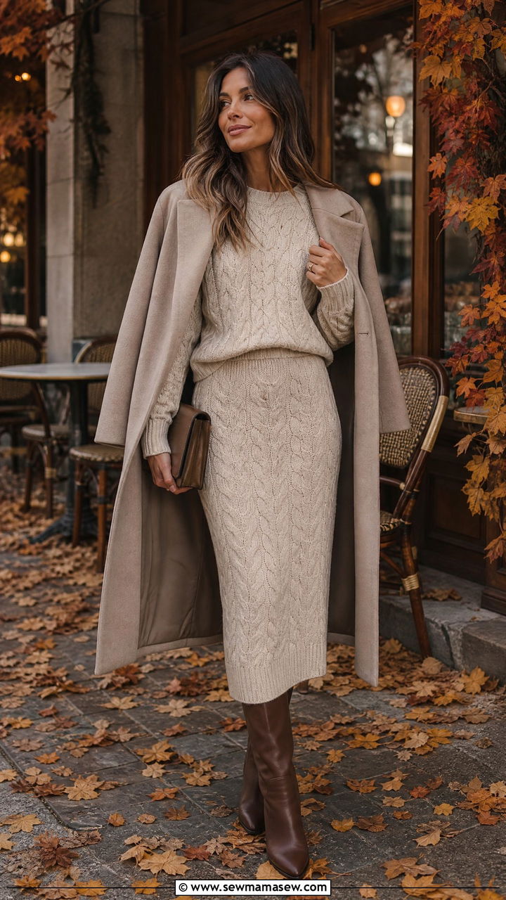 Cable knit sweater and matching skirt set - 25 Brunch outfit ideas with matching set