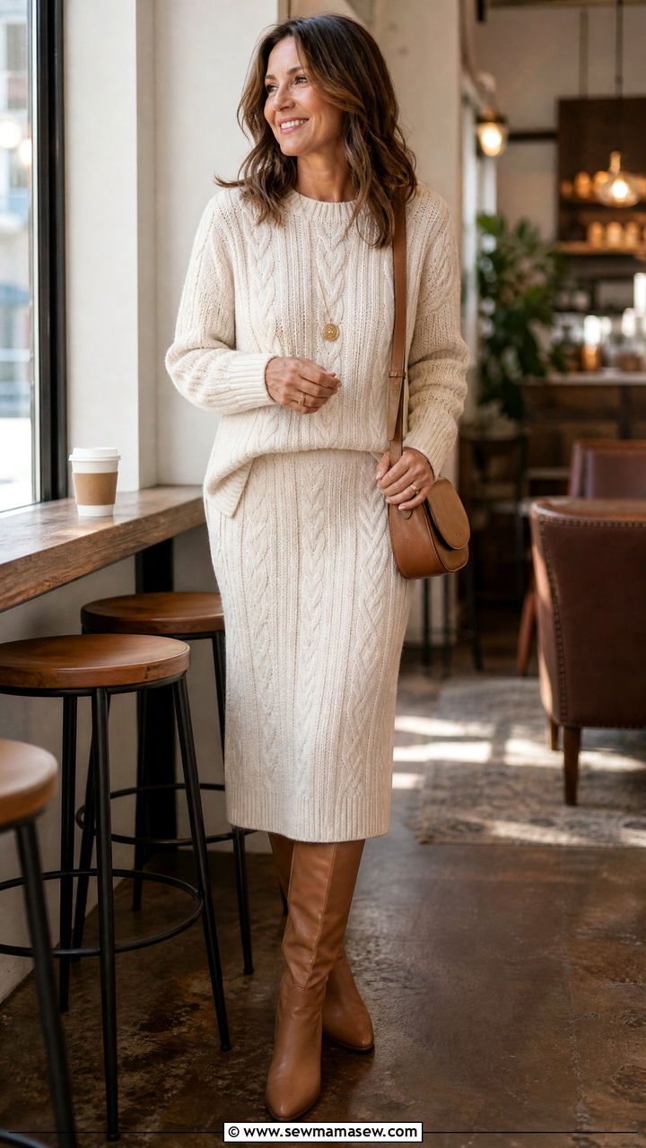 Cable knit sweater and midi skirt matching set - 30 matching set outfits for women over 40