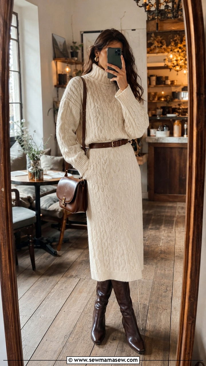 Cable knit sweater and midi skirt matching set for winter - 30 how to style matching set outfits