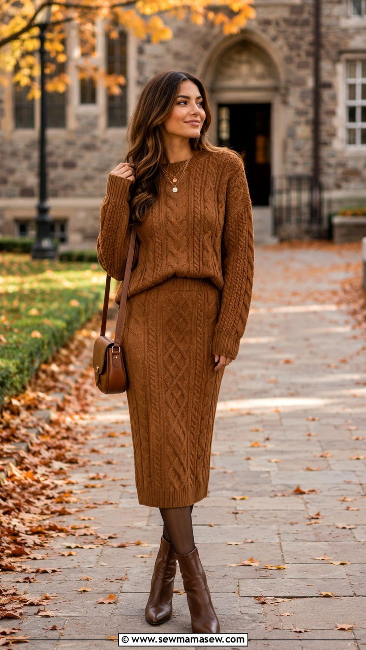 Cable knit sweater and midi skirt matching set - 25 Back to school matching set outfit ideas