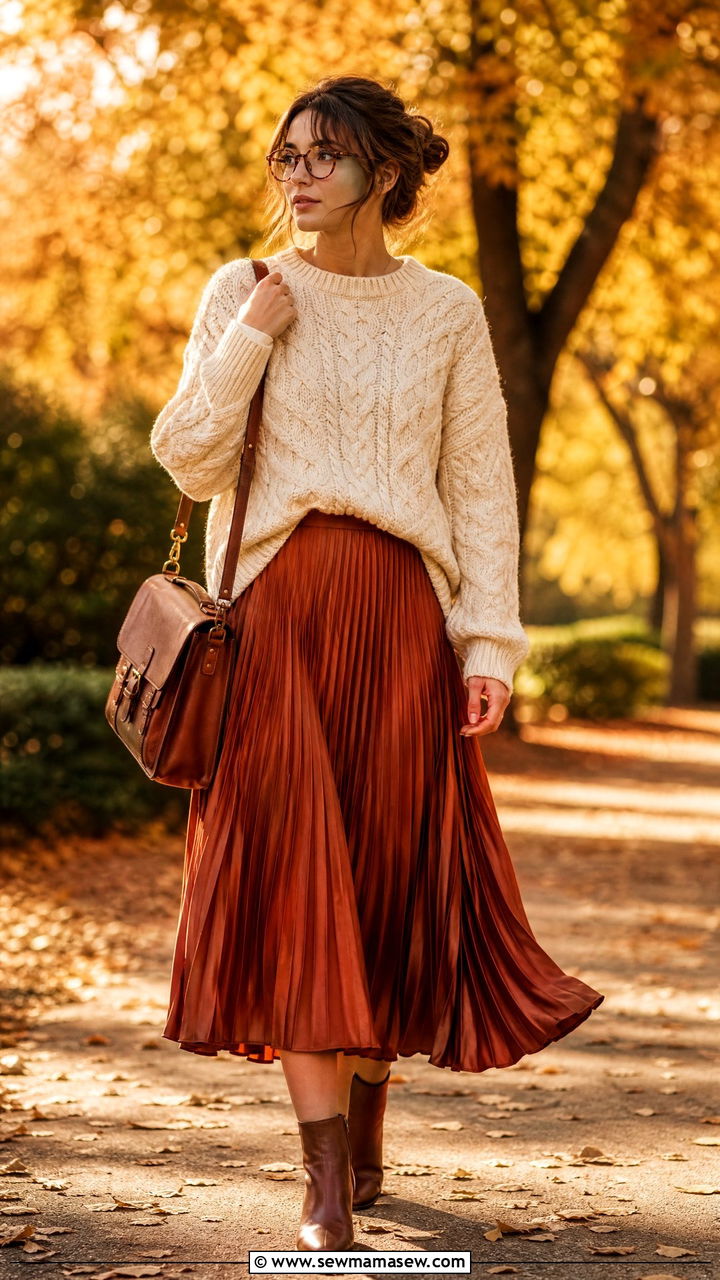 Cable knit sweater and midi skirt outfit - 30 librarian core outfits ideas