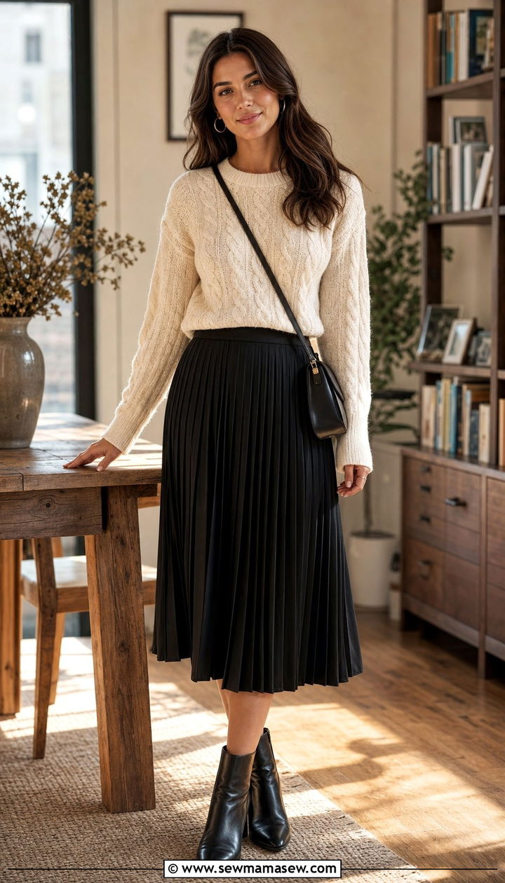 Cable knit sweater and midi skirt outfit - 35 Business casual outfits for young professionals