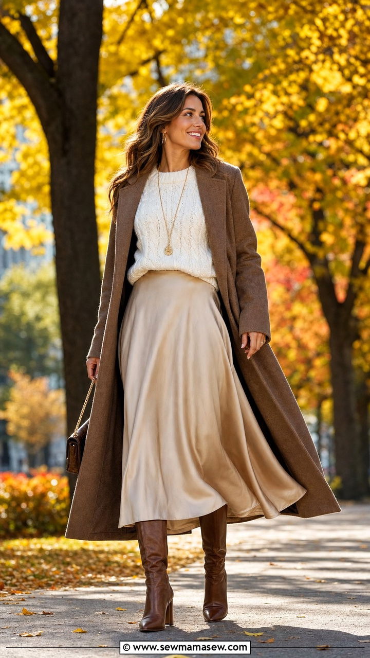 Cable knit sweater and midi skirt with knee high boots - 35 Cable knit sweater outfit ideas