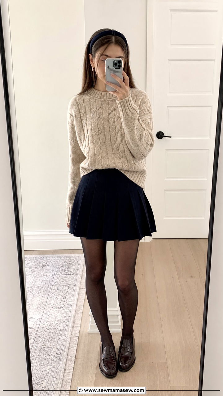 Cable knit sweater and pleated skirt outfit - 25 High school picture day outfit ideas