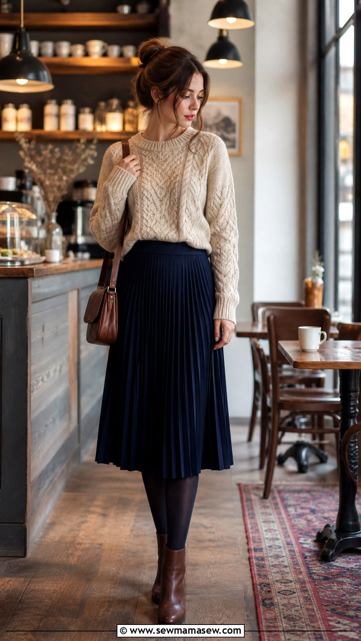 Cable knit sweater and pleated skirt outfit - 30 librarian core outfits for women