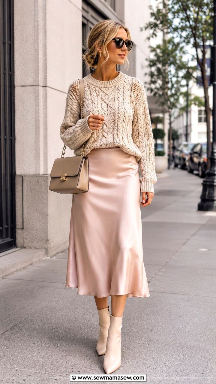 Cable knit sweater and satin midi skirt outfit - 30 Sweater and skirt matching set outfit ideas
