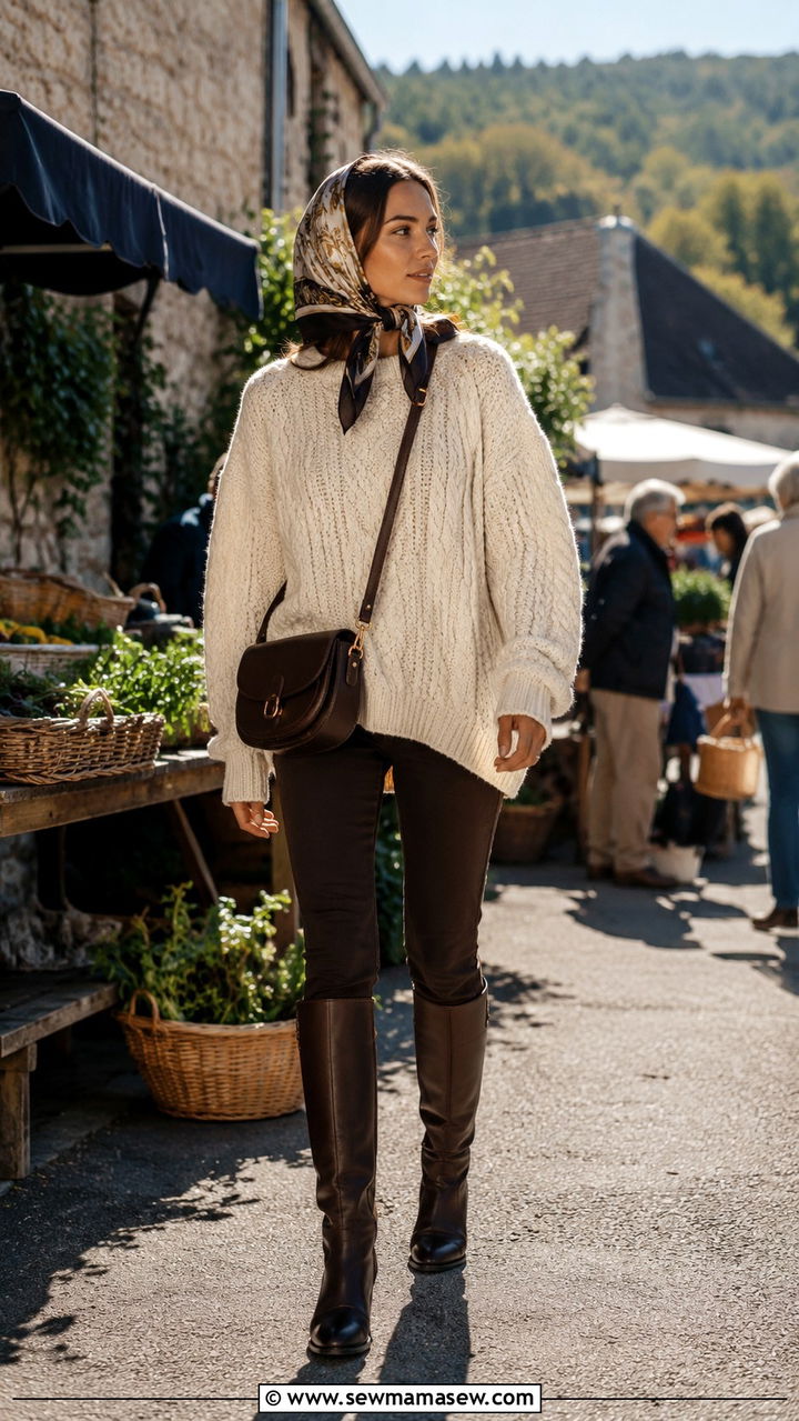 Cable knit sweater and silk headscarf - 25 Old money outfit ideas with silk scarf