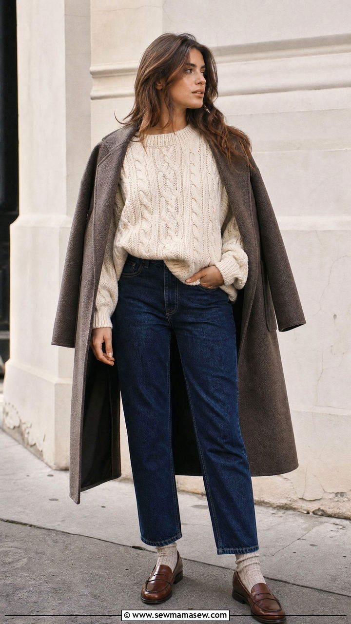 Cable knit sweater and straight leg jeans outfit - 35 Modern preppy outfit ideas