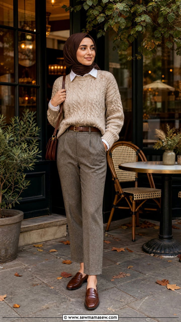 Cable knit sweater and tailored trousers - 30 modest brunch outfit ideas