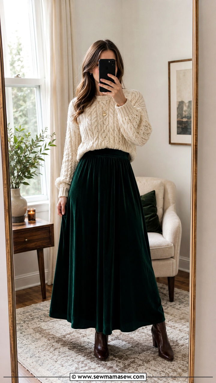 Cable knit sweater and velvet maxi skirt outfit - 30 Sweater and skirt matching set outfit ideas