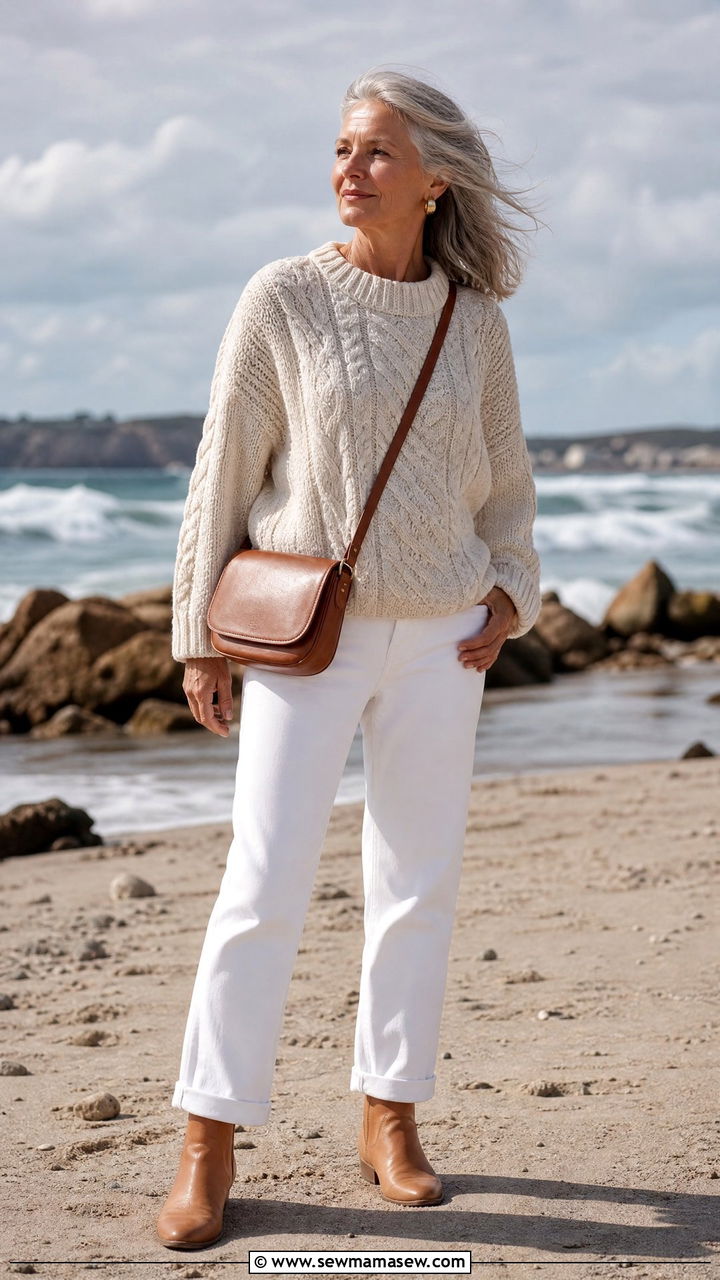 Cable knit sweater and white jeans outfit - 30 Coastal grandmother outfits for women over 60