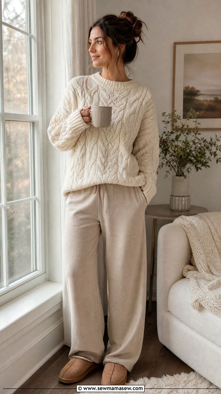 Cable knit sweater and wide leg lounge pants - 30 Cozy at home outfit ideas