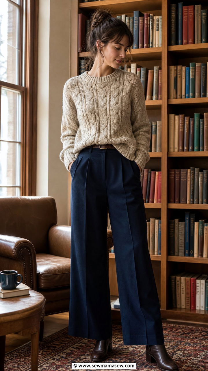 Cable knit sweater and wide leg trousers librarian outfit - 25 librarian core outfits to copy