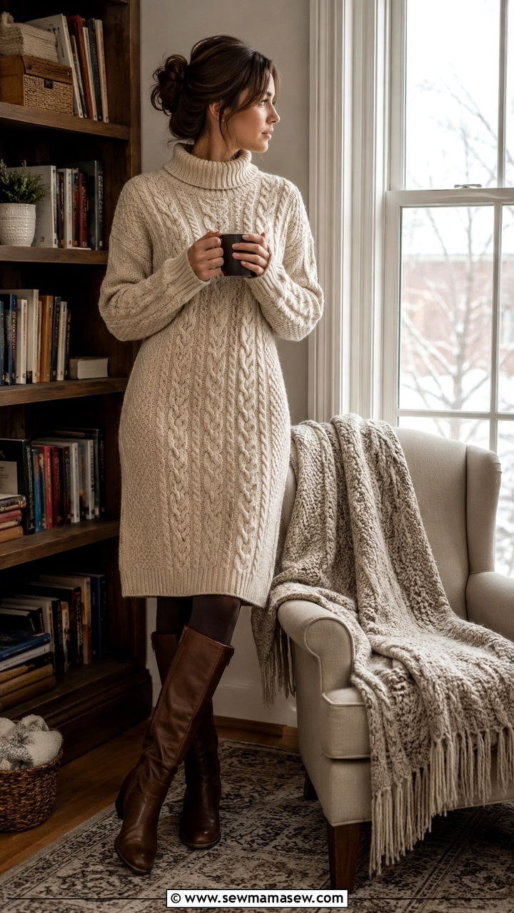 Cable knit sweater dress and knee high boots outfit - 30 librarian core outfits for women