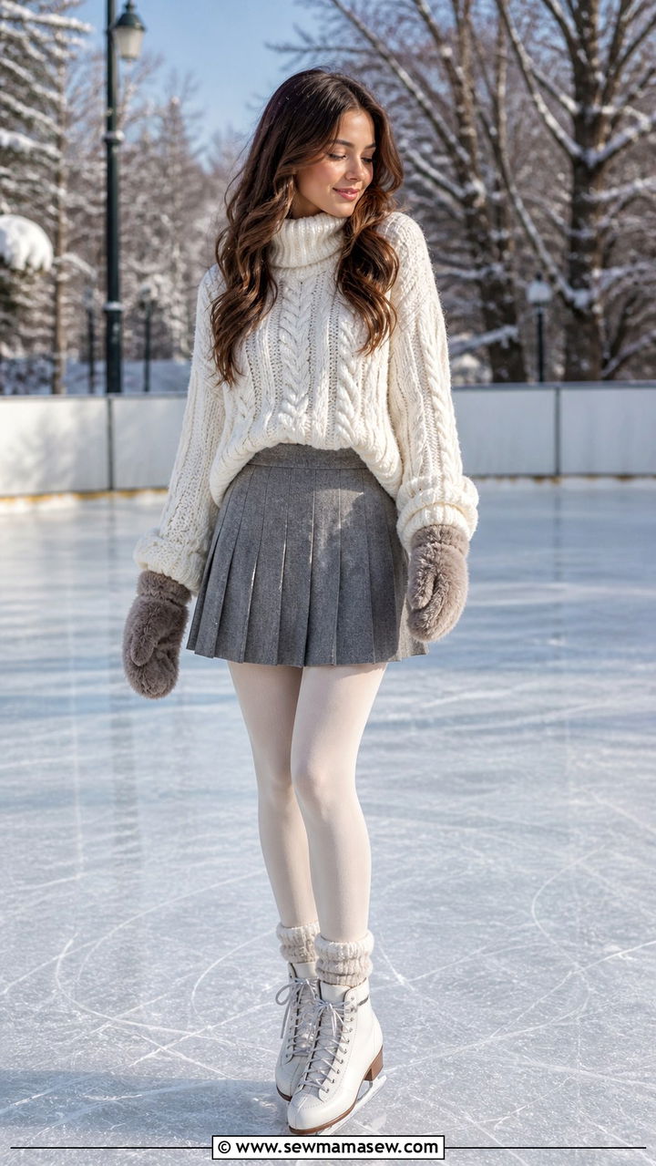 Cable knit sweater gray pleated skirt and faux fur gloves skating outfit - 40 Ice skating outfit ideas