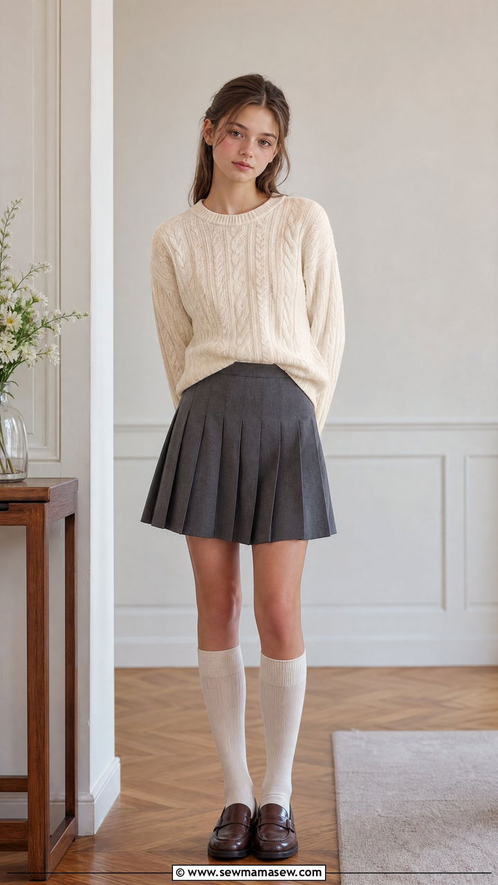 Cable knit sweater half tucked into pleated skirt with knee socks outfit - 30 School uniform hacks outfit ideas
