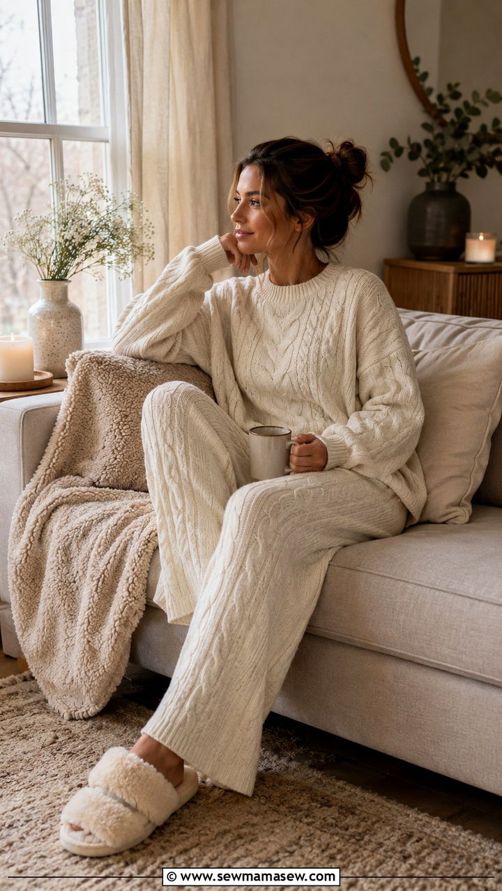 Cable knit sweater set with slippers - 30 Loungewear outfit ideas for weekend