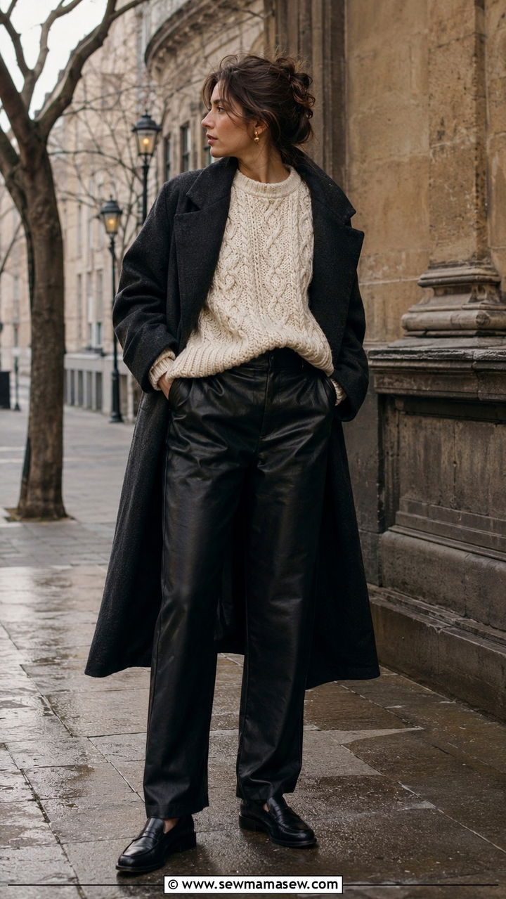 Cable knit sweater tucked into leather trousers - 30 Chaotic academia outfit ideas