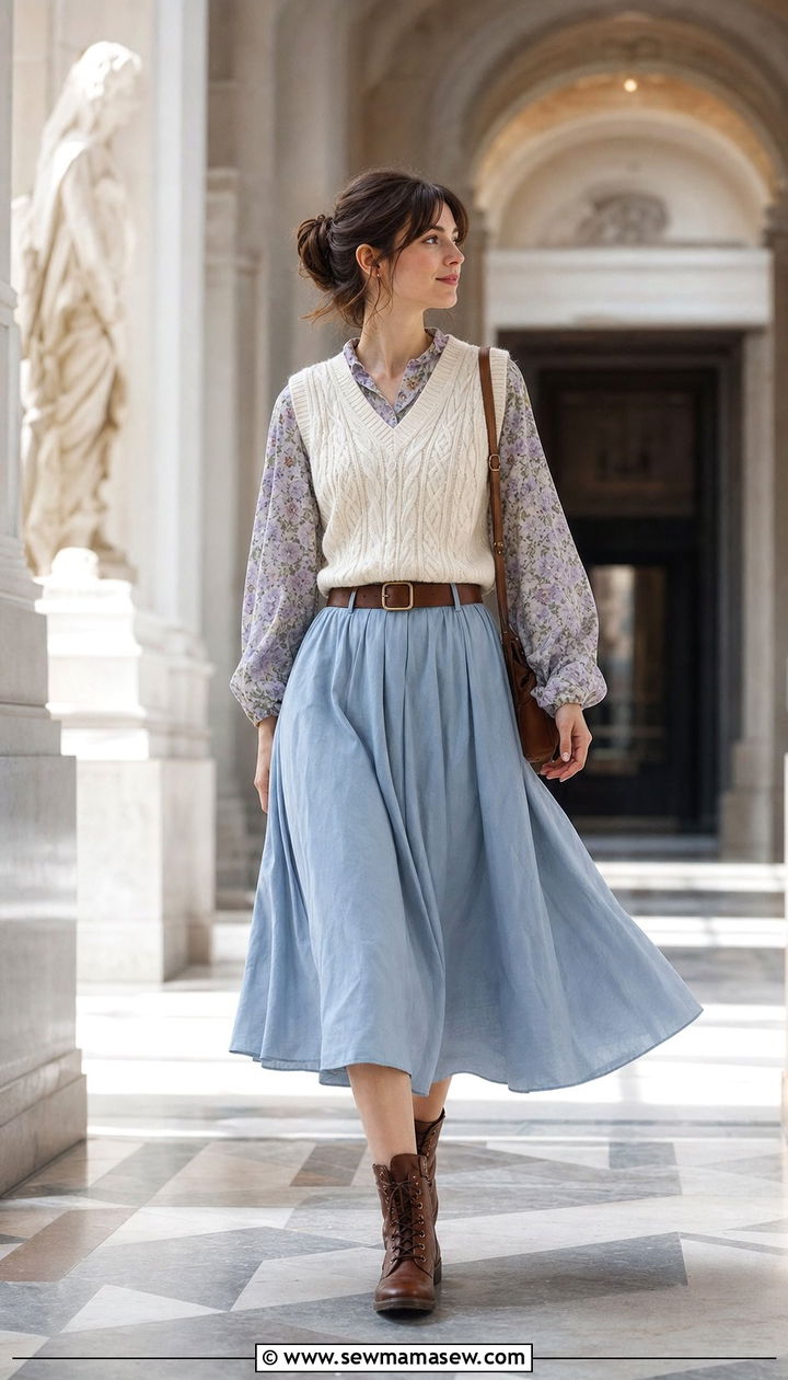 Cable knit sweater vest and floral blouse with midi skirt outfit - 25 spring light academia outfits