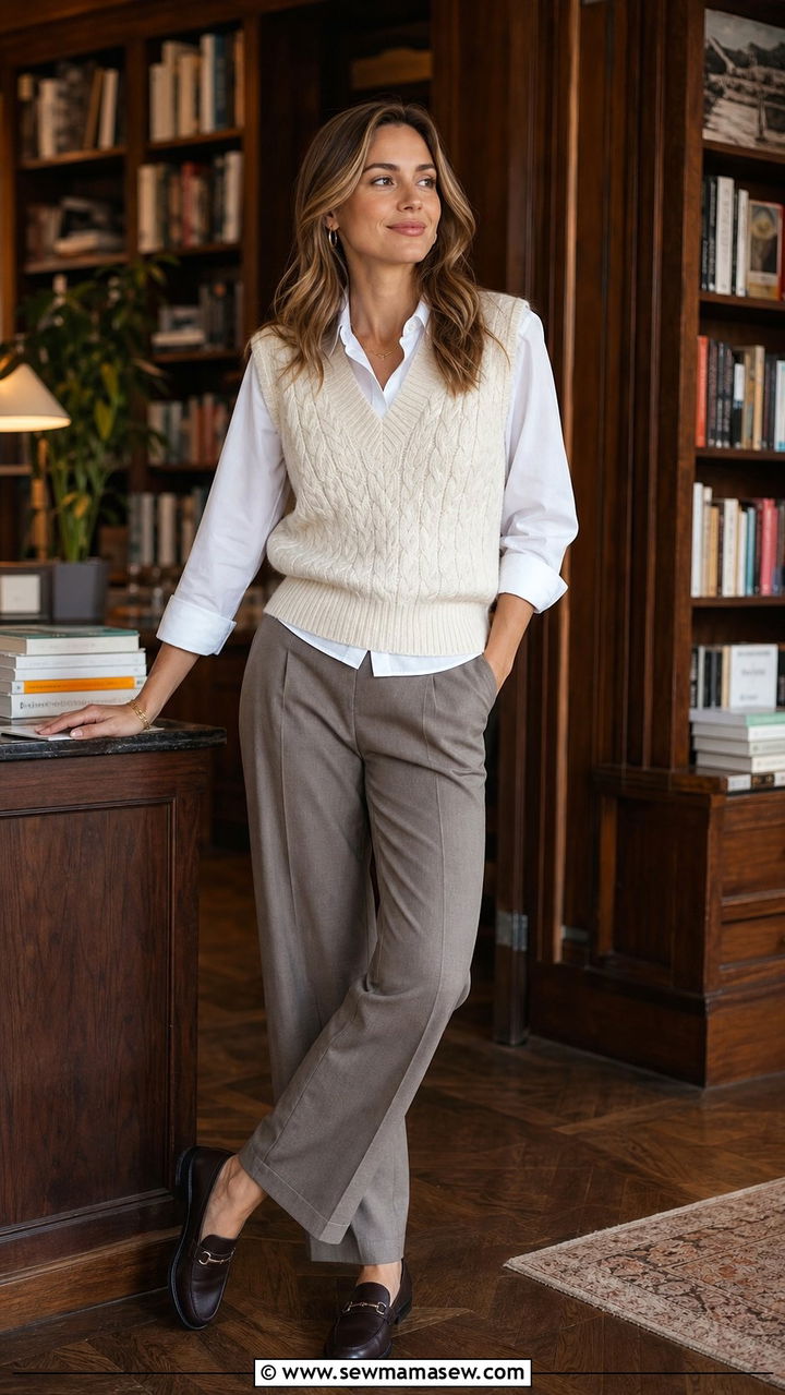 Cable knit sweater vest layered over a white shirt - 35 Cable knit sweater outfit ideas