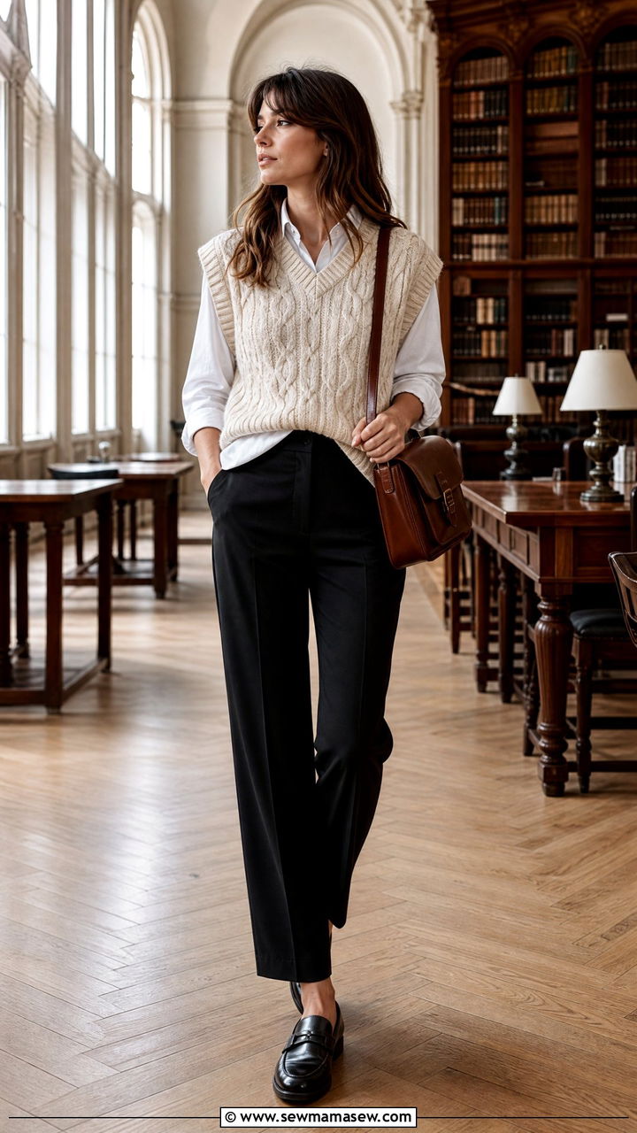 Cable knit sweater vest over a white button down with tailored trousers - 30 College library outfit ideas
