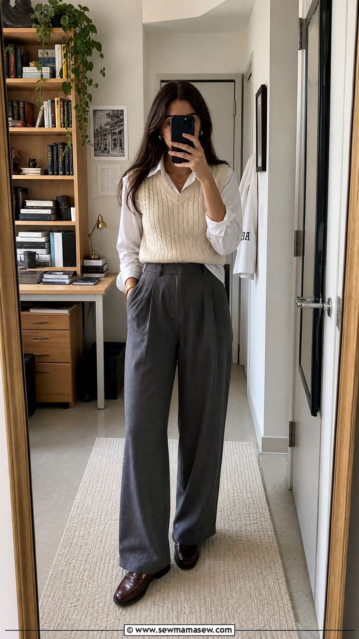Cable knit sweater vest over white button down - 30 Dark academia school outfits