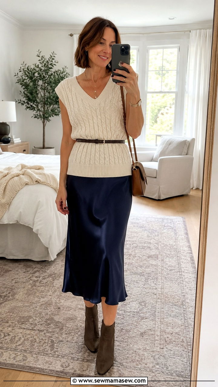 Cable knit sweater vest with a slip dress - 30 sweater vest outfits for women over 40