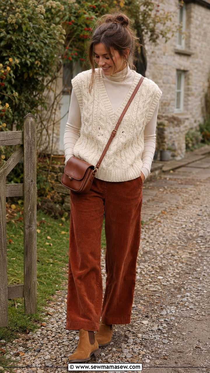Cable knit sweater vest with corduroy pants - 30 how to style sweater vest