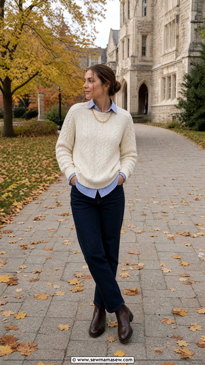 Cable knit sweater with a button down and dark jeans - 25 Old money outfit ideas for college