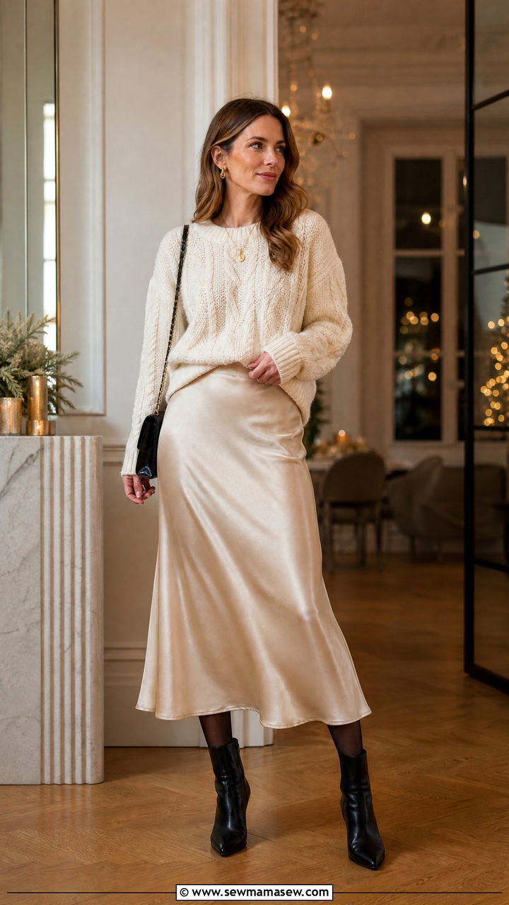Cable knit sweater with a satin midi skirt and ankle boots - 30 First cold day outfits