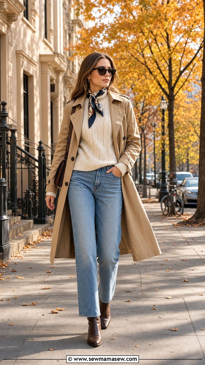 Cable knit sweater with a trench coat - 35 Cable knit sweater outfit ideas