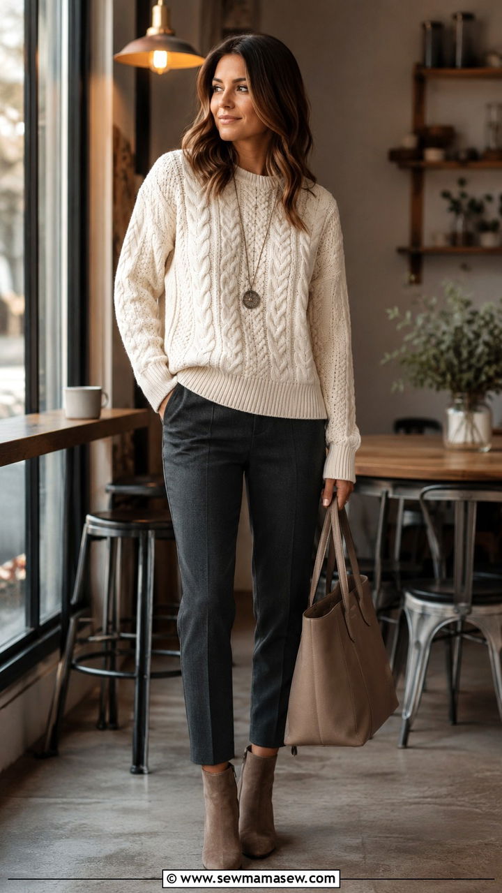 Cable knit sweater with ankle trousers - 30 Modest wardrobe essentials 2026