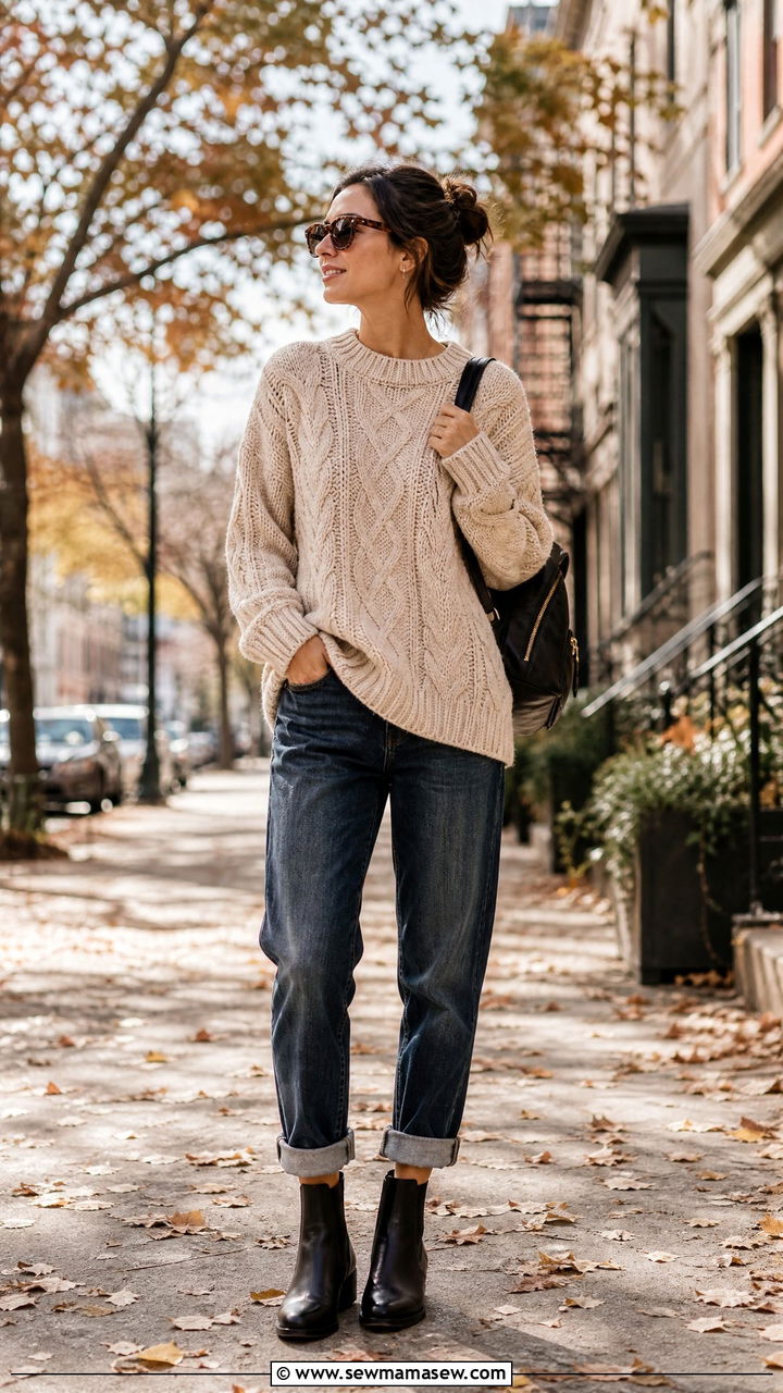 Cable knit sweater with boyfriend jeans and Chelsea boots - 25 Boyfriend jeans outfit ideas with a sweater