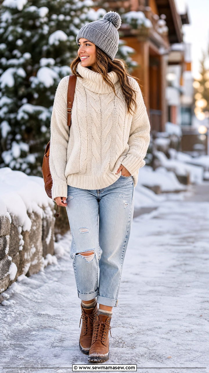 Cable knit sweater with boyfriend jeans and a beanie - 25 Boyfriend jeans outfit ideas with a sweater