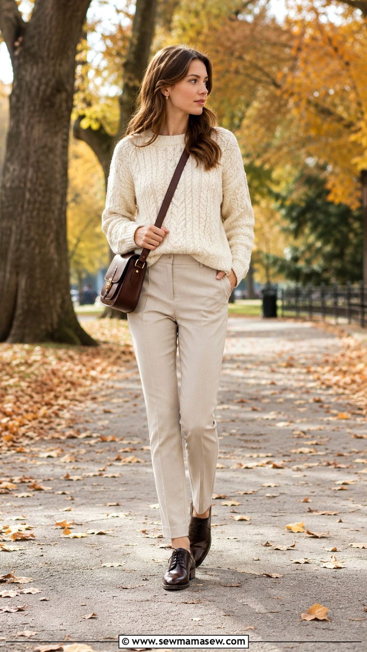 Cable knit sweater with cigarette trousers - 25 Old money outfit ideas with trousers