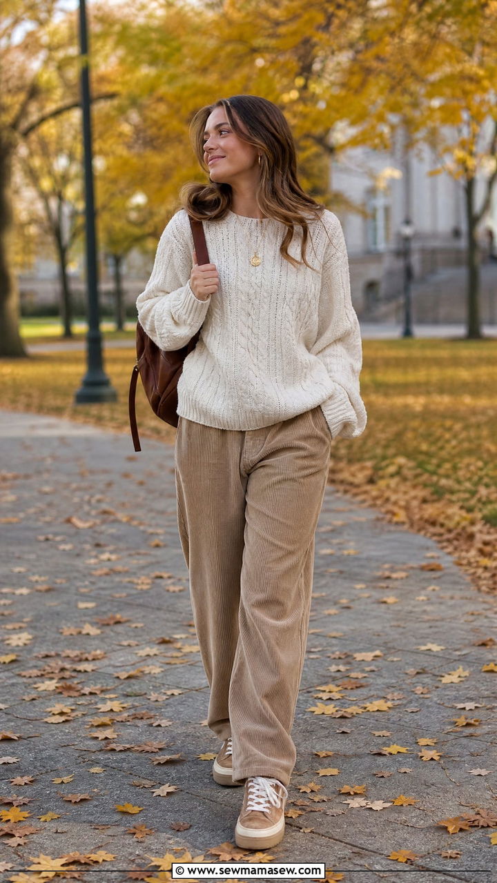 Cable knit sweater with corduroy pants - 30 College study session outfit ideas