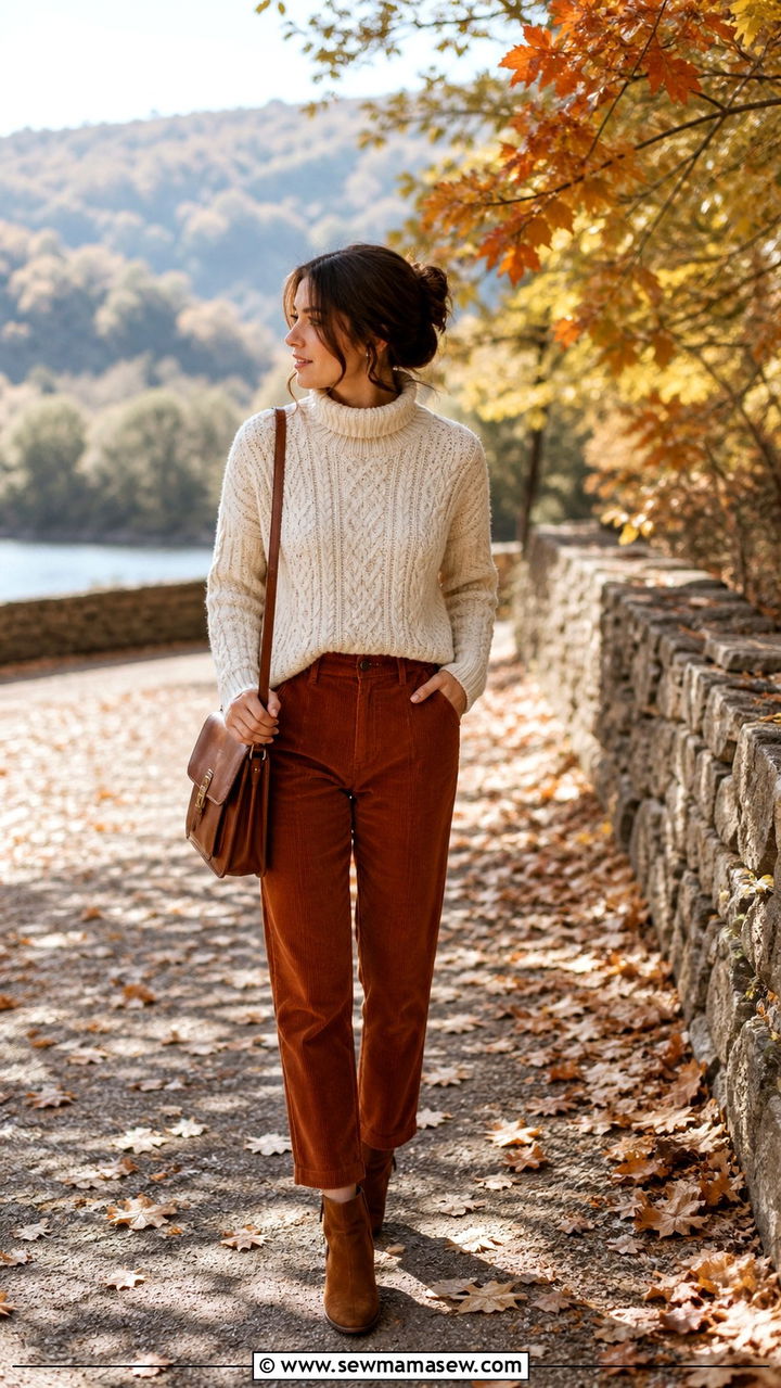 Cable knit sweater with corduroy pants and ankle boots outfit - 40 light academia outfits
