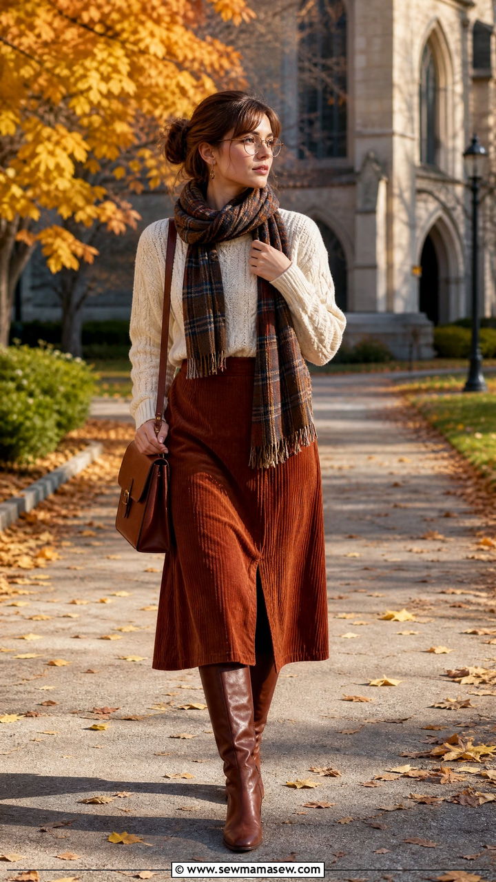 Cable knit sweater with corduroy skirt and knee high boots - 25 Poetcore outfit ideas college professor aesthetic