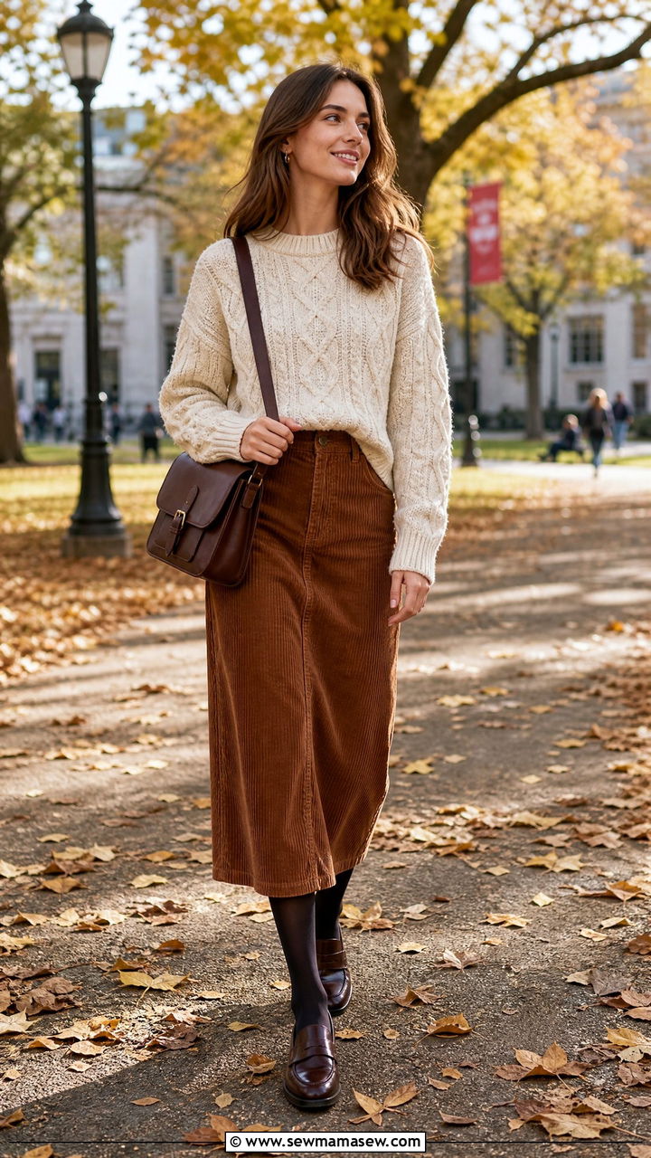 Cable knit sweater with corduroy skirt and loafers - 30 Modest capsule wardrobe 2026