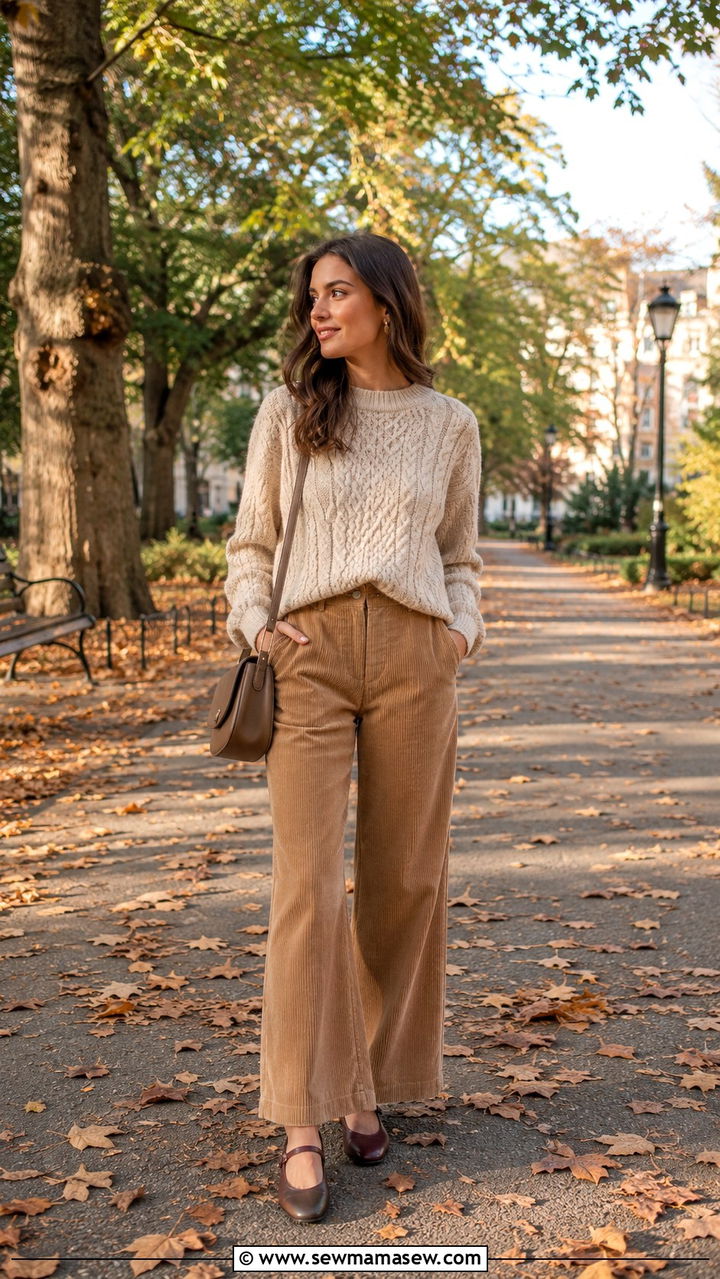 Cable knit sweater with corduroy trousers - 25 Old money outfit ideas with Mary Jane flats