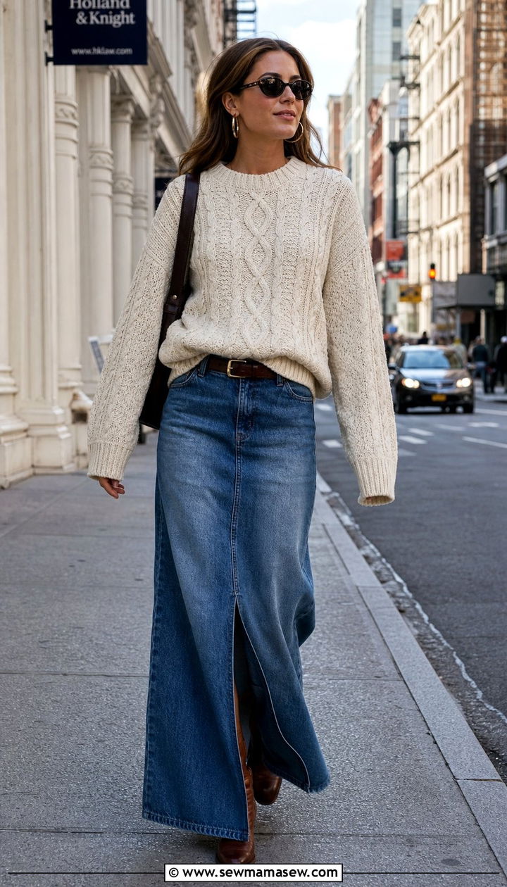 Cable knit sweater with denim maxi skirt - 35 Cable knit sweater outfit ideas