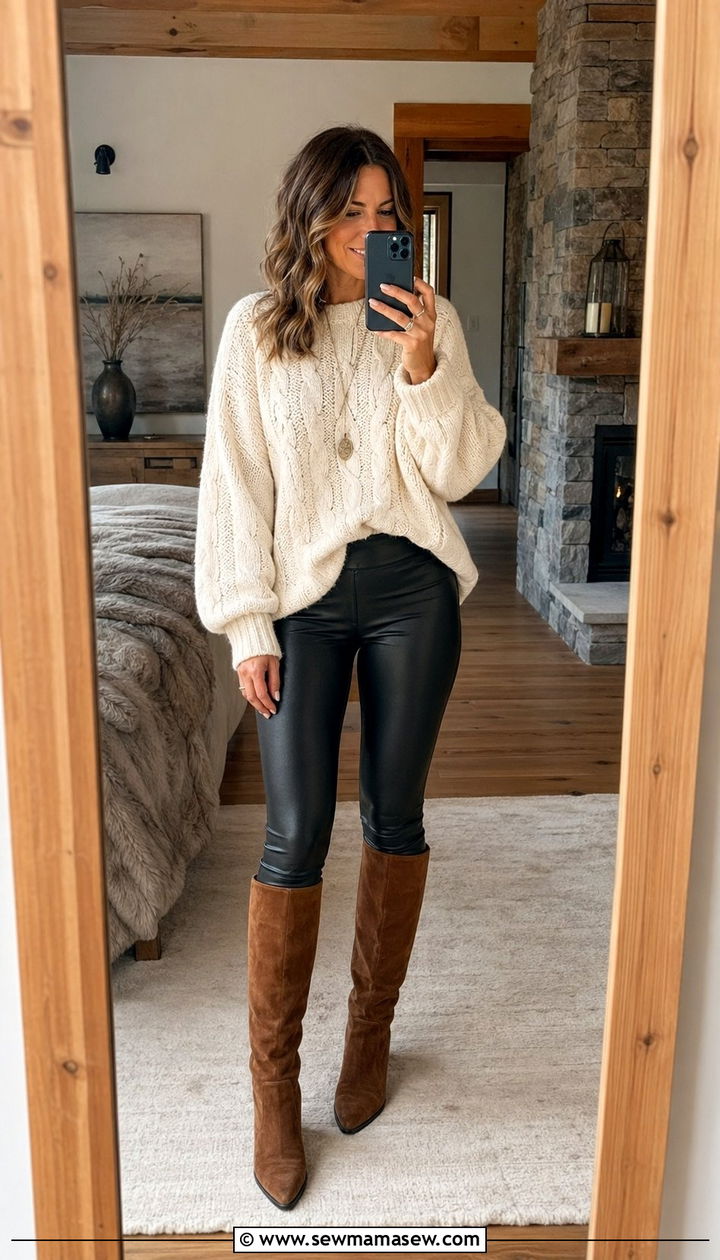 Cable knit sweater with faux leather leggings and boots outfit - 35 Ageless outfit ideas