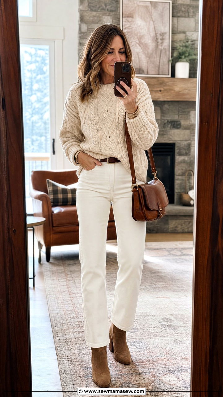 Cable knit sweater with ivory jeans - 35 Jeans outfit ideas for women over 40