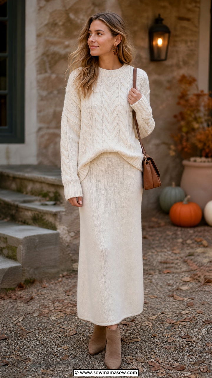 Cable knit sweater with knit maxi skirt - 35 maxi skirt outfits for women
