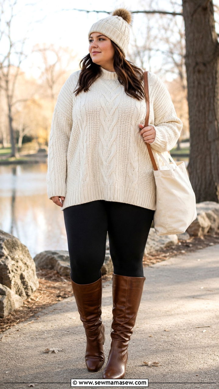 Cable knit sweater with leggings outfit - 30 Sweater outfit ideas plus size