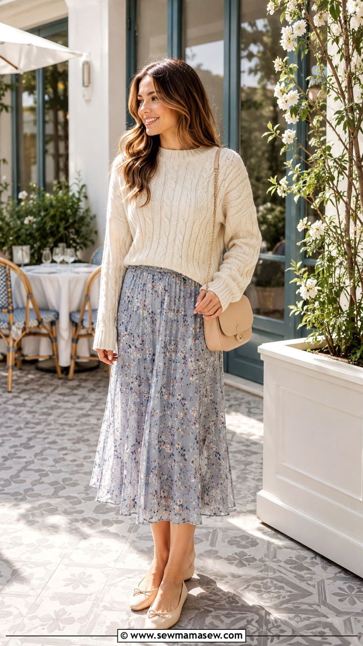 Cable knit sweater with midi skirt and ballet flats - 30 Midi skirt outfit ideas with a sweater