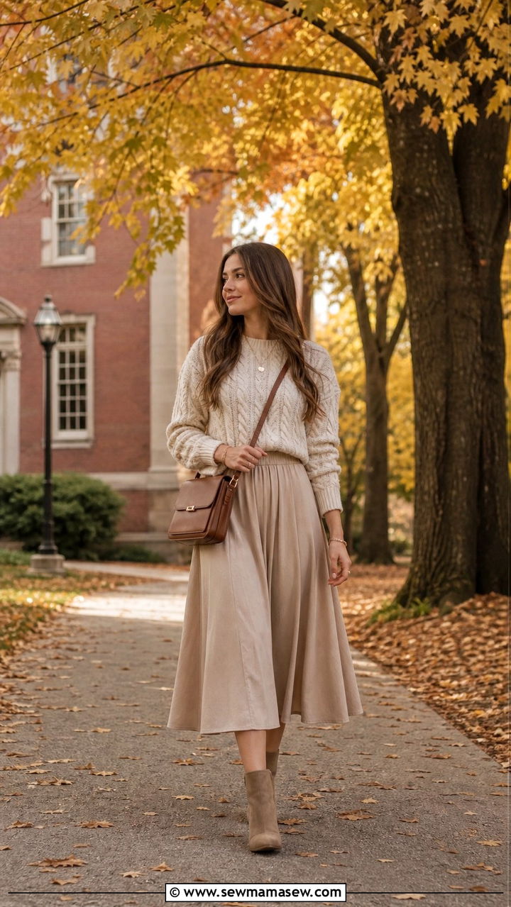 Cable knit sweater with midi skirt - 25 Clean girl outfits for college
